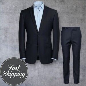 MANTONI Mens 2 Piece Suit Two Button Blazer Jacket 40L Pant 34Wx34L WOOL Navy